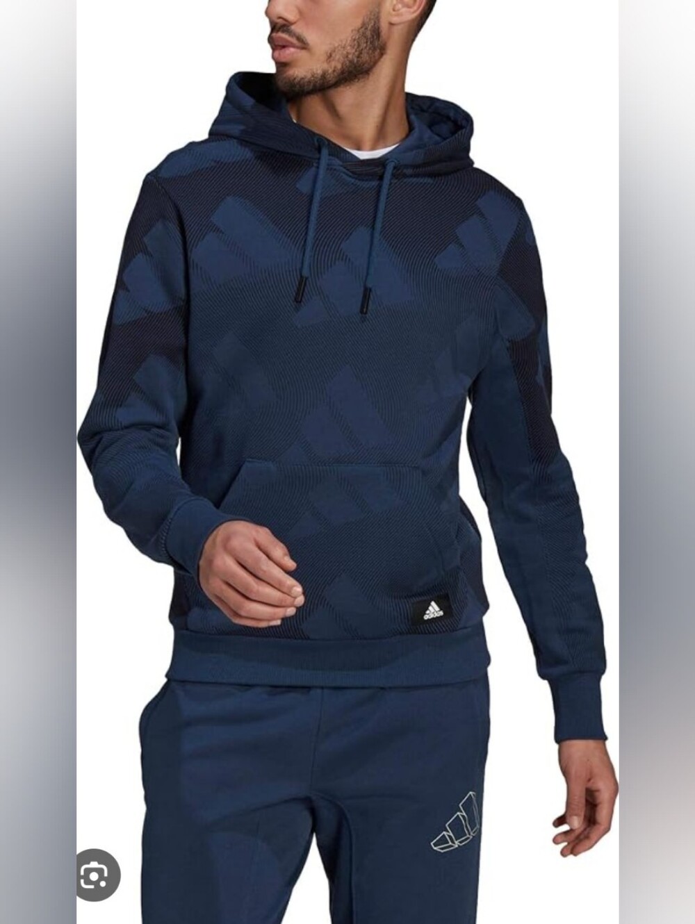Adidas Men's Navy Patterned Pullover Hoodie